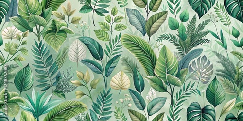 A Lush Tapestry of Verdant Foliage, Featuring an Array of Tropical and Subtropical Plants, Rendered in a Vibrant and Lifelike Style, Perfect for Decorative Purposes