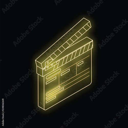 Isometric view of a neon yellow movie clapperboard glowing on a black background, representing filmmaking and cinematography