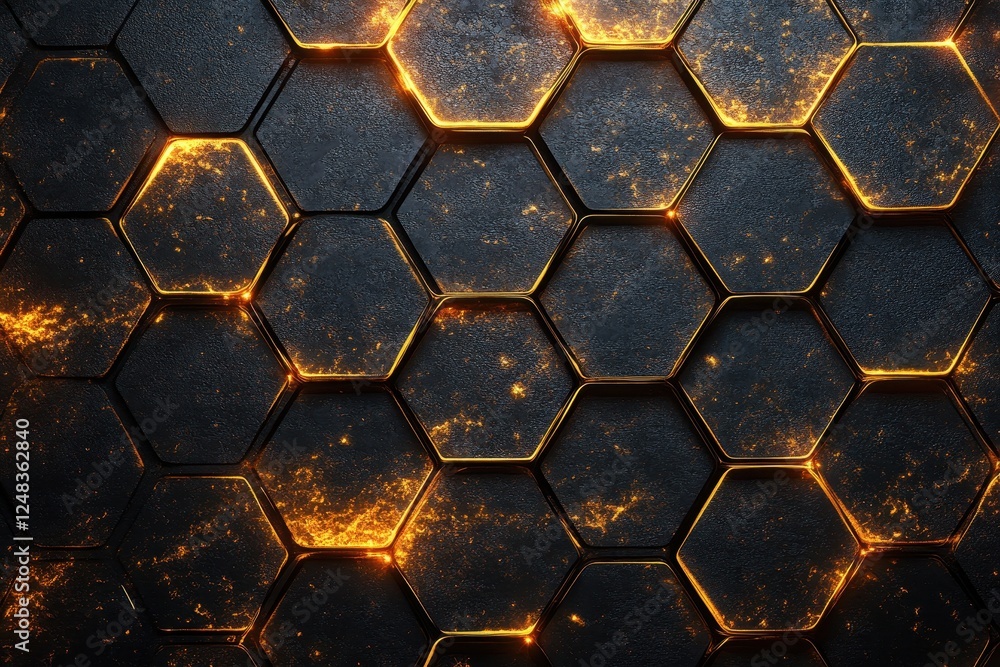 Abstract design featuring interconnected hexagons with a glowing orange effect on a dark metallic background, creating a futuristic aesthetic Abstract design featuring interconnected hexagons with a glowing orange effect on a dark metallic background, creating a futuristic aesthetic