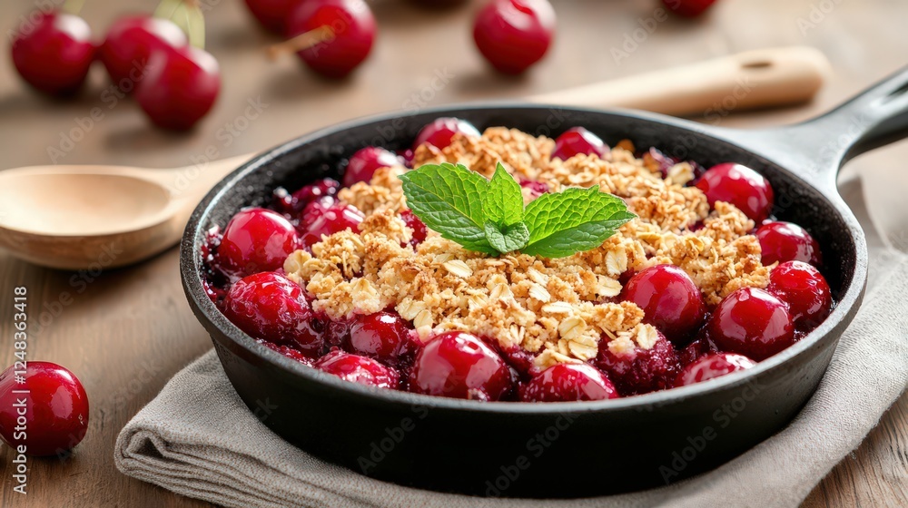 Vegan cherry crumble dessert in a rustic skillet with a spoon ready to serve Vegan cherry crumble dessert in a rustic skillet with a spoon ready to serve