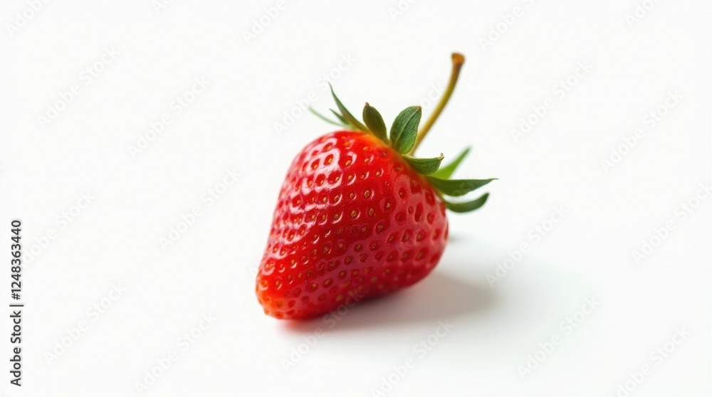 Single Ripe Strawberry with Stem on White Background Single Ripe Strawberry with Stem on White Background