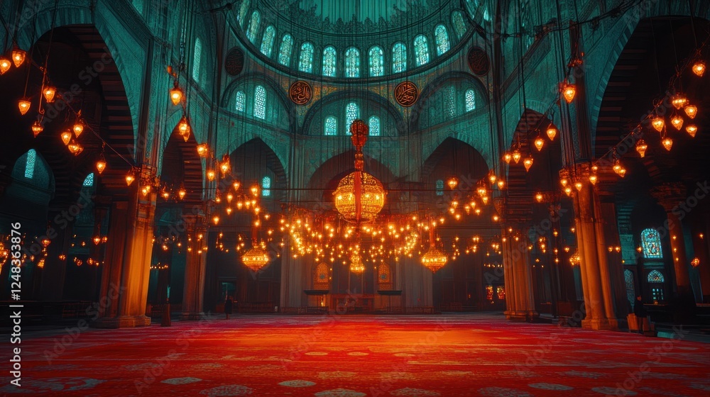 Obraz premium Illuminated Mosque Interior Featuring Ornate Architecture and Lighting