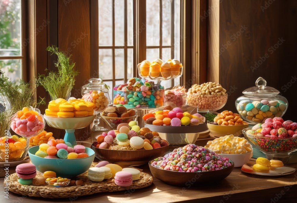 Fototapeta premium vibrant snack display featuring colorful treats delectable delights showcasing assorted sweets savory goodies, appetizers, bowls, biscuits, confection