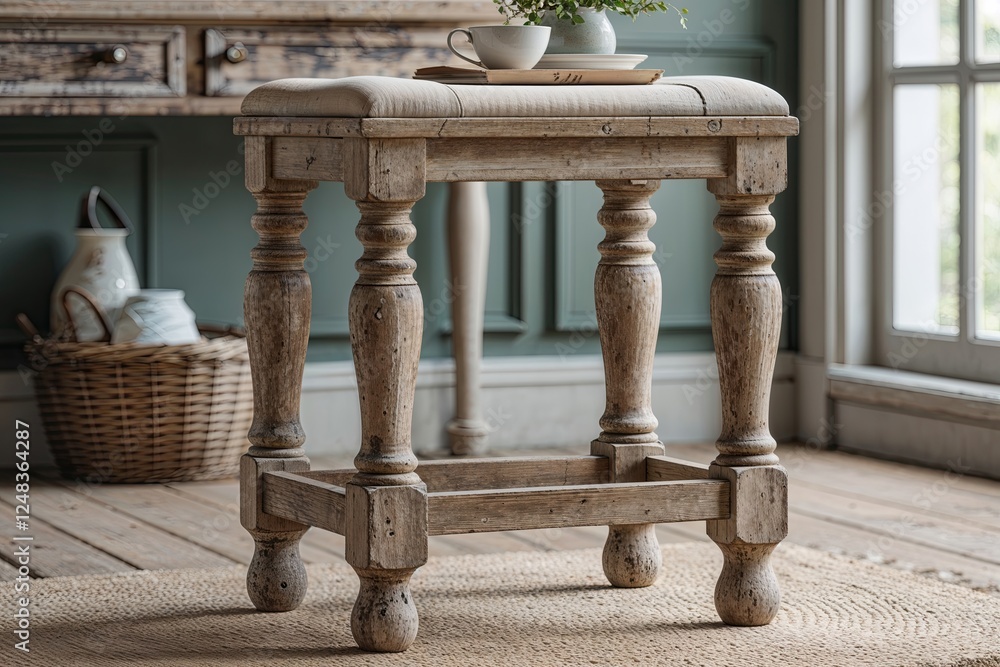 Fototapeta premium Classic Wooden Stool with Vintage Distressed Legs for Timeless Interior Seating
