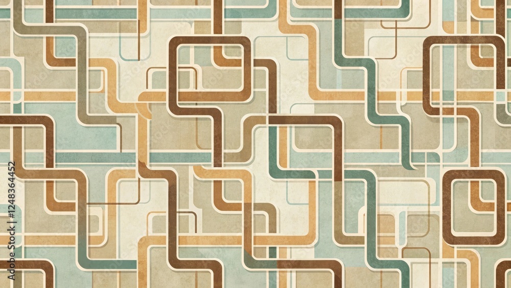 Abstract Retro Geometric Pattern with Interlocking Curves and Squares on Textured Background Abstract Retro Geometric Pattern with Interlocking Curves and Squares on Textured Background