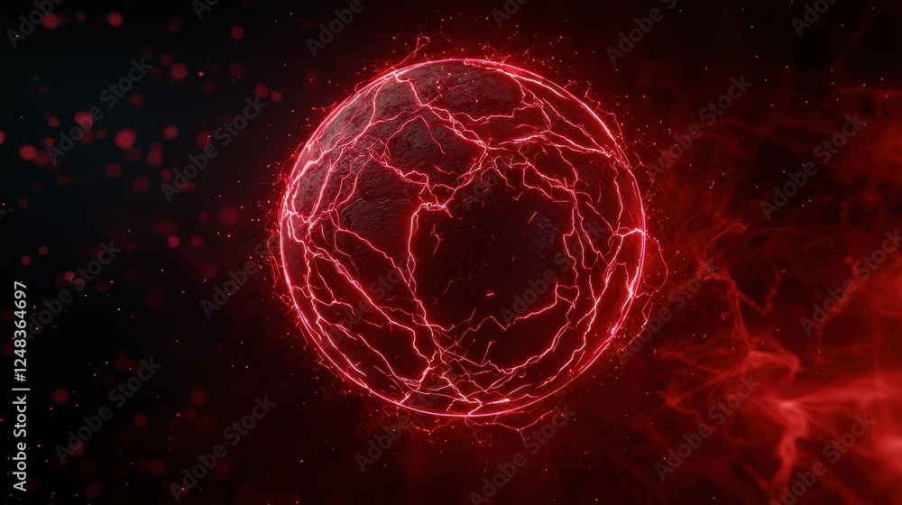 Obraz premium A glowing red spherical object with electric-like patterns, set against a dark background, creating a futuristic and dynamic visual effect.