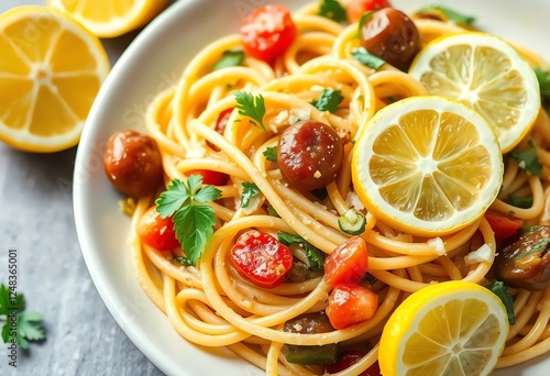 an image of a plate of pasta with lemon slices and tomatoes, there is a plate of pasta with lemon slices and vegetables photo