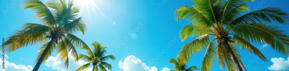 Fototapeta premium Sun-drenched palm trees sway gently against a vibrant blue sky , travel, sunshine, exotic