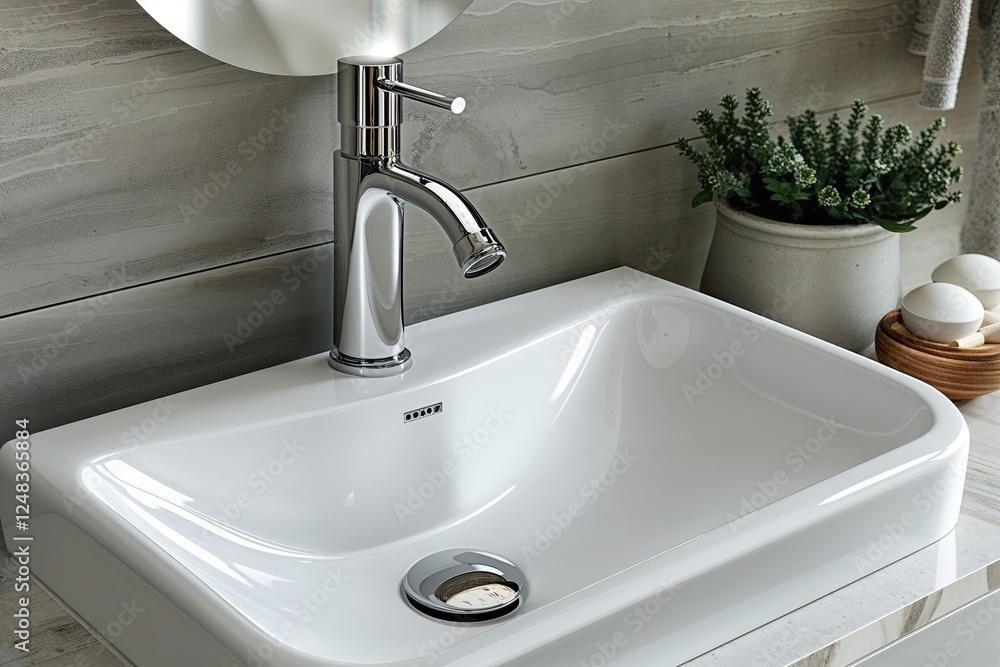 Fototapeta premium Modern White Bathroom Sink with Elegant Chrome Faucet Design
