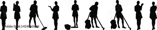 Silhouettes of Cleaning Staff Isolated on White Background vector illustration