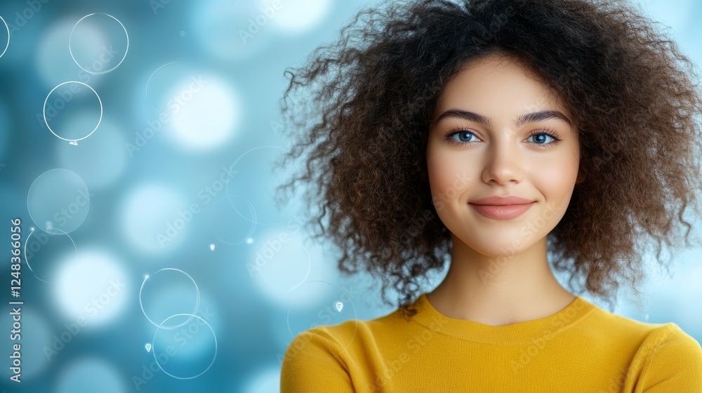 Captivating portrait, woman with expressive blue eyes and voluminous curly hair Captivating portrait, woman with expressive blue eyes and voluminous curly hair