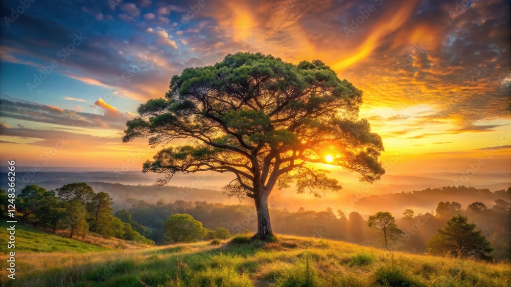 Fototapeta premium Majestic solitary tree silhouetted against a vibrant sunrise, overlooking a tranquil valley bathed in golden light.
