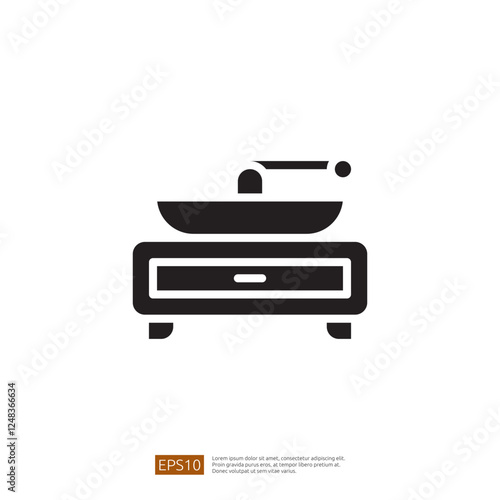 Stylized Black Icon of a Coffee Cup Placed on a Modern Kitchen Countertop with Drawer and Elegant Design Elements in a Contemporary Setting