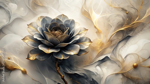 Elegant Gray and Gold Flower with Abstract Ink Background, a Luxurious Floral Design for Home Decor