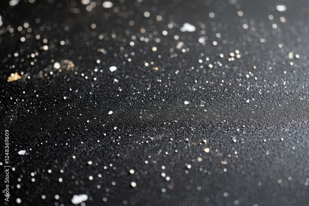 Close up of a dark surface sprinkled with salt and pepper, creating a textured pattern. The contrast highlights the granules' irregular distribution Close up of a dark surface sprinkled with salt and pepper, creating a textured pattern. The contrast highlights the granules' irregular distribution