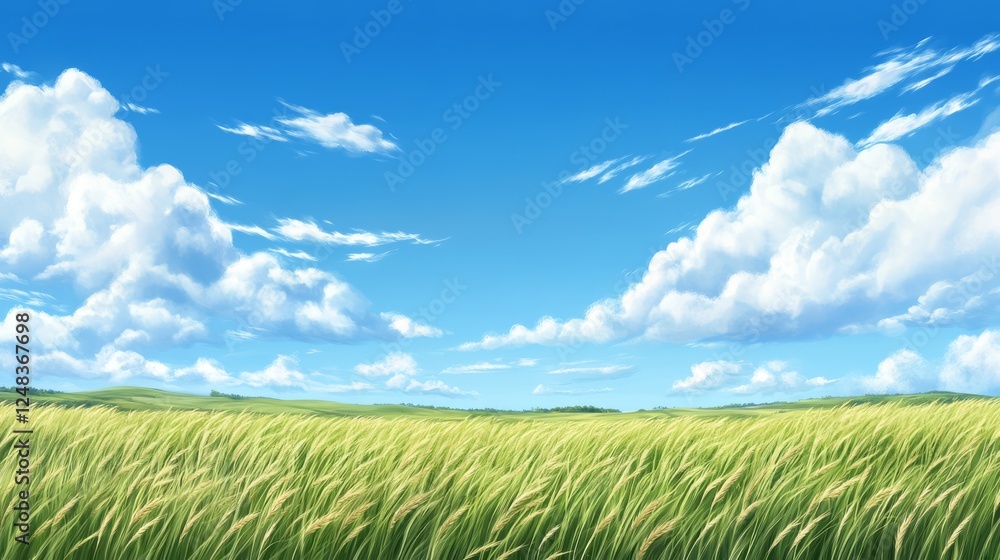 Obraz premium Vast grass field under a vibrant blue sky, serene nature landscape 