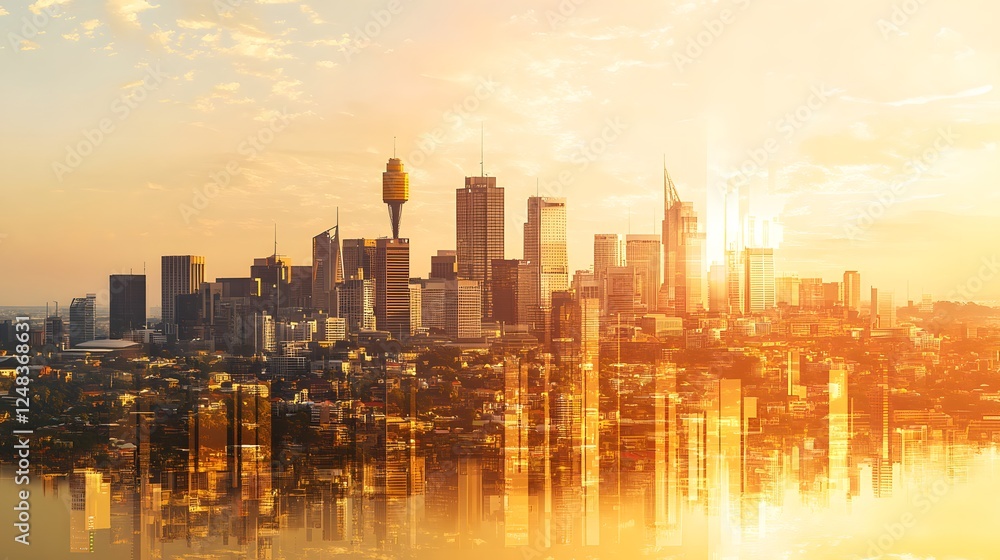 Fototapeta premium Sunrise over johannesburg financial hub and urban landscape cityscape modern aerial view