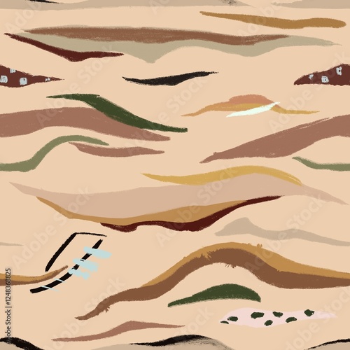 abstract seamless pattern with waves in earthy tones of beige, terracotta, and olive green, ideal for fabric, stationery, or home decor
