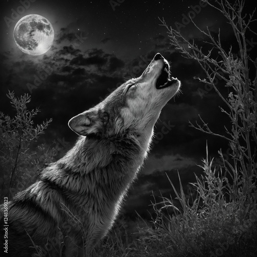A black-and-white charcoal sketch of a wolf howling at the moon, capturing the raw beauty of wildlife.