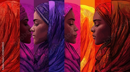 Colorful portraits of women in hijab, diverse colours, serene expressions. Stock photo photo