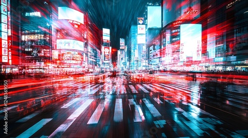 Dynamic nightlife at shibuya crossing tokyo urban landscape neon lights cityscape motion art