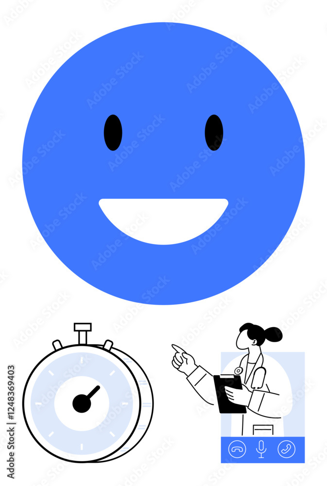 Fototapeta premium Bright blue happy face, stopwatch symbolizing time management, doctor with clipboard pointing on virtual call screen. Ideal for healthcare, technology, telemedicine, consultation, time efficiency