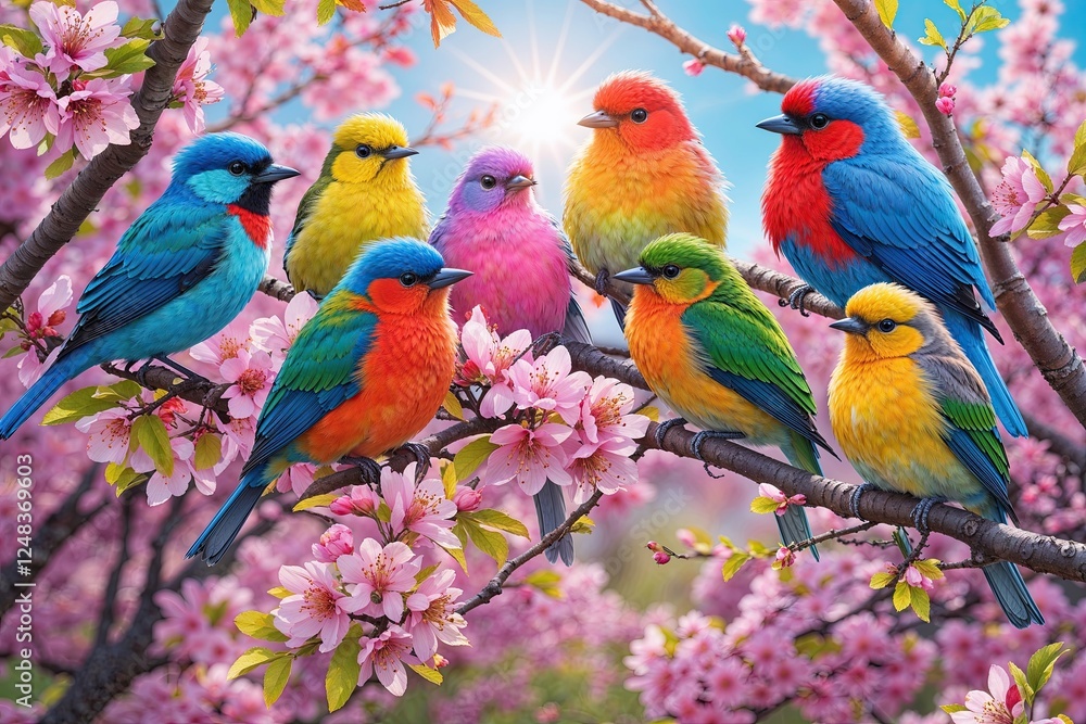 Fototapeta premium Cheerful Birds Gathering Amid Blooming Flowers Under Bright Spring Sunlight