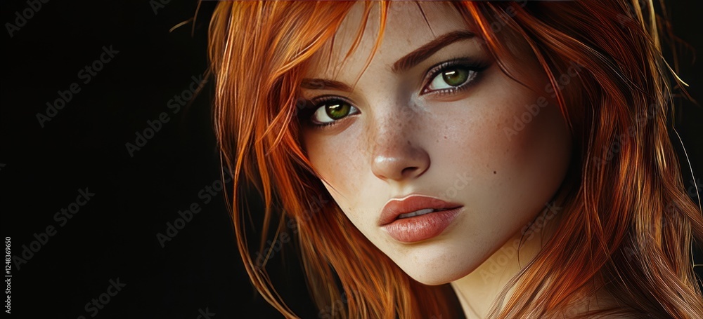 Obraz premium A beautiful woman with red hair and green eyes, looking at the camera, on a black background