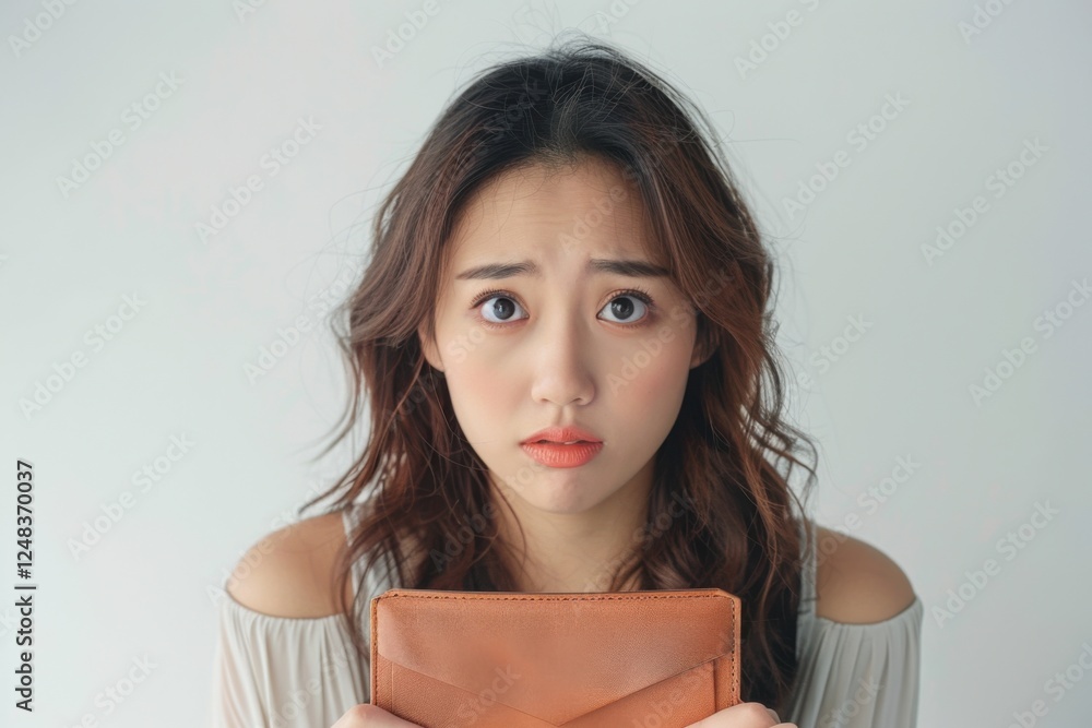 Asian woman in office holding empty wallet, looking distressed, white background Asian woman in office holding empty wallet, looking distressed, white background