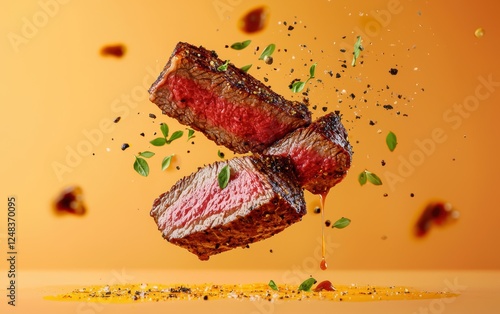 A thick-cut sirloin steak flying apart mid-air with crispy herbs and a drizzle of steak sauce, soft pastel orange background photo