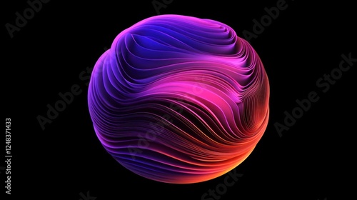 Abstract vibrant sphere with swirling, layered, colorful, dynamic, 3D design on black background.