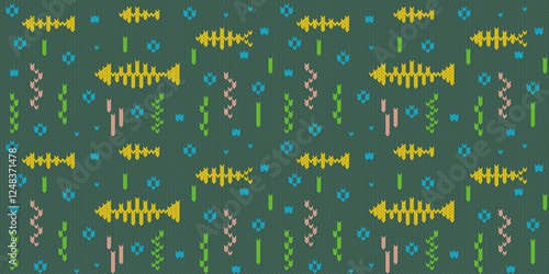 Fish pattern in water and seaweed. Design of knitted fabric texture for background, print, fabric pattern, document cover.