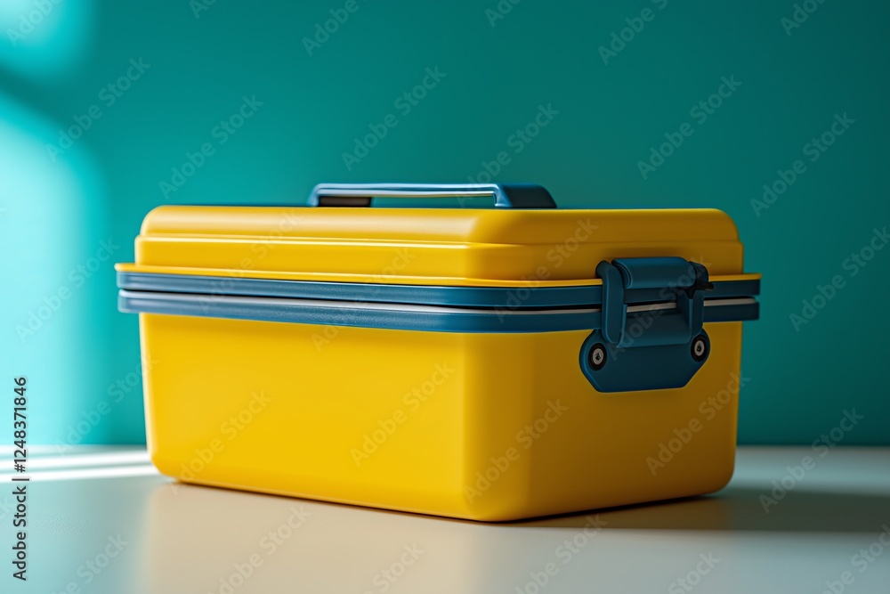 Bright yellow lunch box placed on a table with a blue background capturing a cheerful and functional design, showcasing its practicality and colorful design, perfect for daily meals, portion control Bright yellow lunch box placed on a table with a blue background capturing a cheerful and functional design, showcasing its practicality and colorful design, perfect for daily meals, portion control