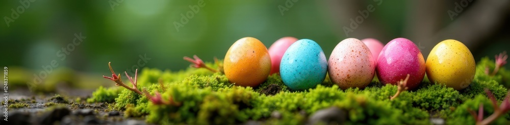 Colorful speckled eggs arranged on a mossy green surface with budding branches , eggshell, speckled, natural Colorful speckled eggs arranged on a mossy green surface with budding branches , eggshell, speckled, natural