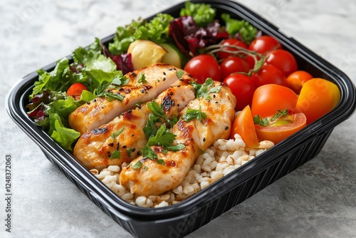 Healthy lunch box filled with grilled chicken, fresh vegetables, and healthy grains for balanced meal on textured surface. Container filles with healthy food for lunch at the office, school or picnic photo