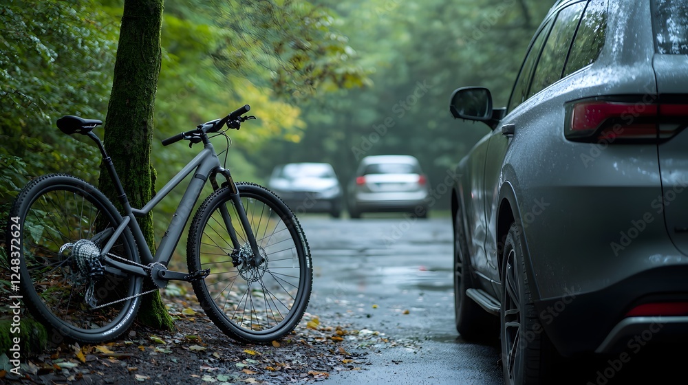 Fototapeta premium Bicycle Leaning Against a Tree in Misty Forest with Cars in Background on a Rainy Day