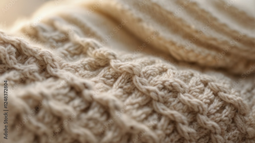 Close-up of a textured knit sweater highlighting the intricacy of the stitches. The detailed pattern contrasts with the softness of the fabric, showcasing warmth and craftsmanship in cozy fashion Close-up of a textured knit sweater highlighting the intricacy of the stitches. The detailed pattern contrasts with the softness of the fabric, showcasing warmth and craftsmanship in cozy fashion