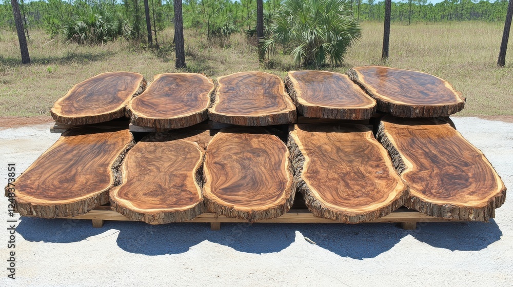 Beautiful Natural Wood Slabs Displayed Outdoors for Crafting Projects