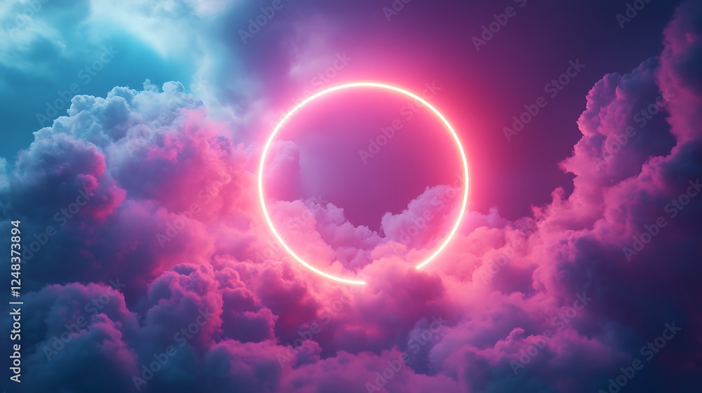 Glowing Neon Circle in Pink Cloudscape Glowing Neon Circle in Pink Cloudscape