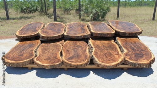 Obraz na płótnie Beautiful Natural Wood Slabs Displayed Outdoors for Crafting Projects w salonie