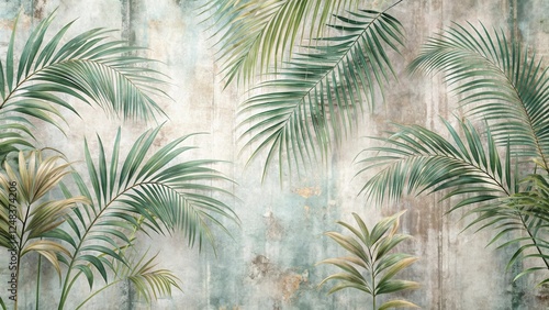 Serene Tropical Foliage Arranged Against a Weathered Textured Wall Background