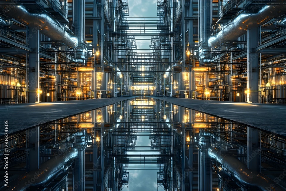 Fototapeta premium A modern industrial facility with complex piping and structures, illuminated reflections on a wet surface create a dramatic effect. Concept Industrial Architecture, Complex Piping Systems