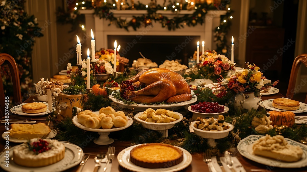A beautifully set table with all the traditional food A beautifully set table with all the traditional food