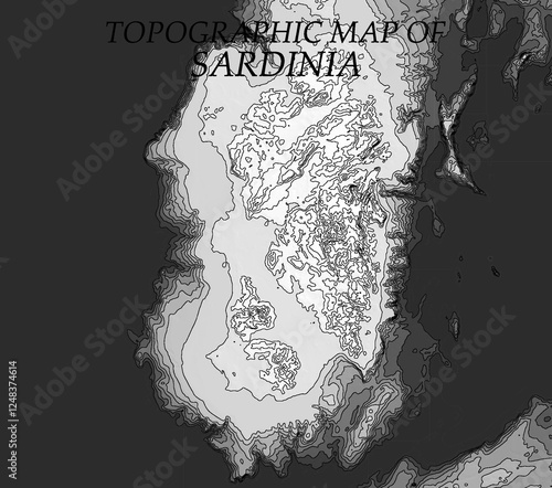 Topographic map in black and white. Geographic relief of mountains and ocean floor in vector illustration. Texture of topographic image. Graphic contour lines of height. Sardinia, Italy, azure bays an