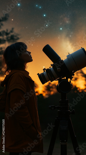 Wallpaper Mural A person standing outdoors, looking through a telescope at the night sky filled with stars, conveying curiosity and wonder Torontodigital.ca