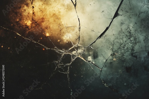 Cracked glass pane with jagged edges representing breaking points and frustration in an emotional, moody setting. Generative AI