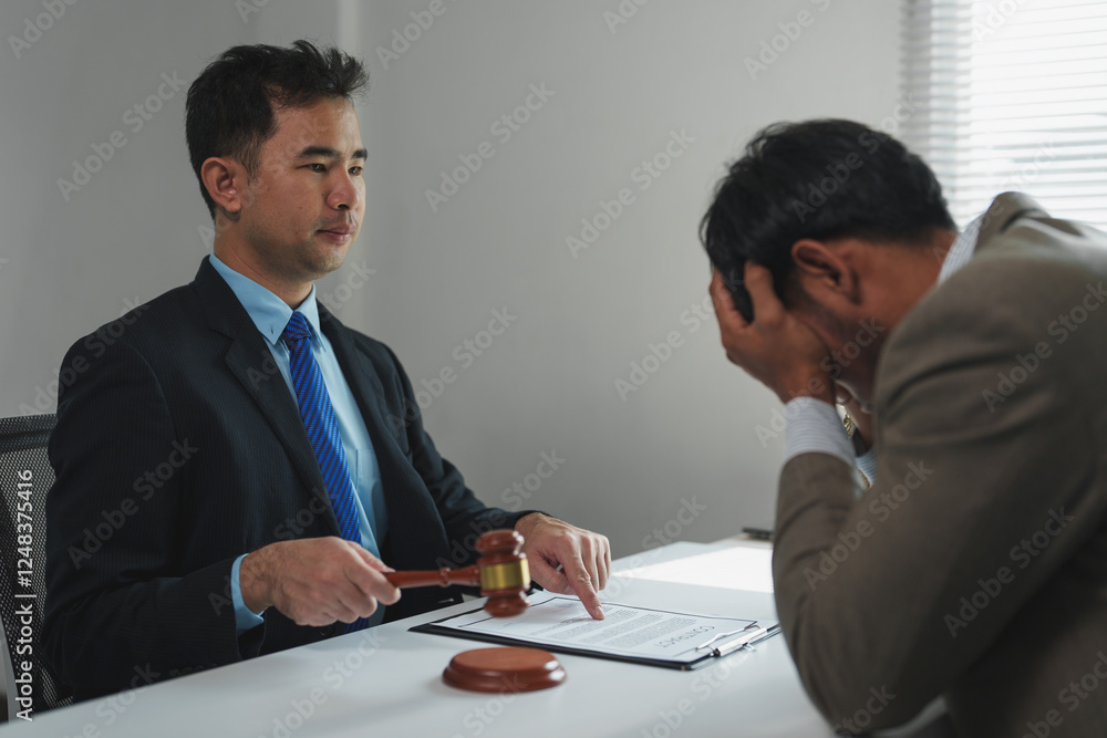 Asian lawyer holding gavel and explaining verdict to stressed businessman in courtroom or office, legal advice, consultation, and judgment concept Asian lawyer holding gavel and explaining verdict to stressed businessman in courtroom or office, legal advice, consultation, and judgment concept