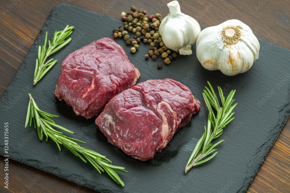 Fresh Grilled Steak with Rosemary and Garlic on Slate Plate Fresh Grilled Steak with Rosemary and Garlic on Slate Plate