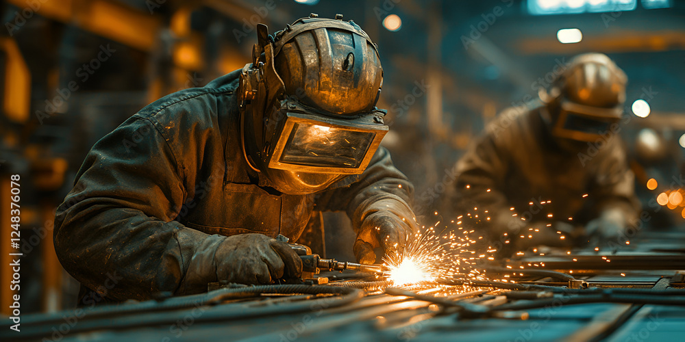 Factory workers welding metal parts with protective gear, sparks flying Factory workers welding metal parts with protective gear, sparks flying
