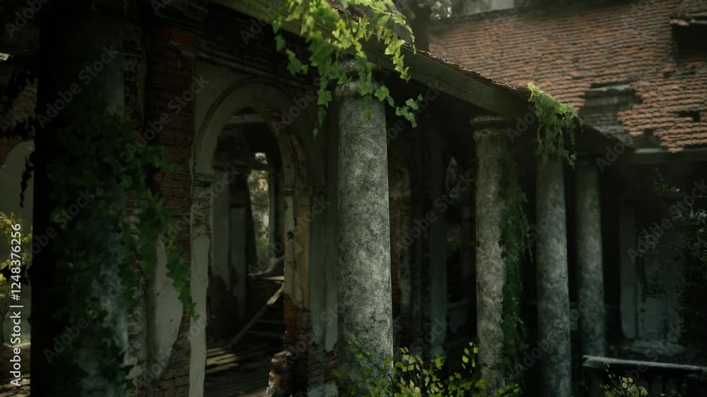 An overgrown courtyard reveals the ruins of an abandoned building. Weathered columns and decaying walls are intertwined with vines, showcasing natures reclamation of the space. An overgrown courtyard reveals the ruins of an abandoned building. Weathered columns and decaying walls are intertwined with vines, showcasing natures reclamation of the space.